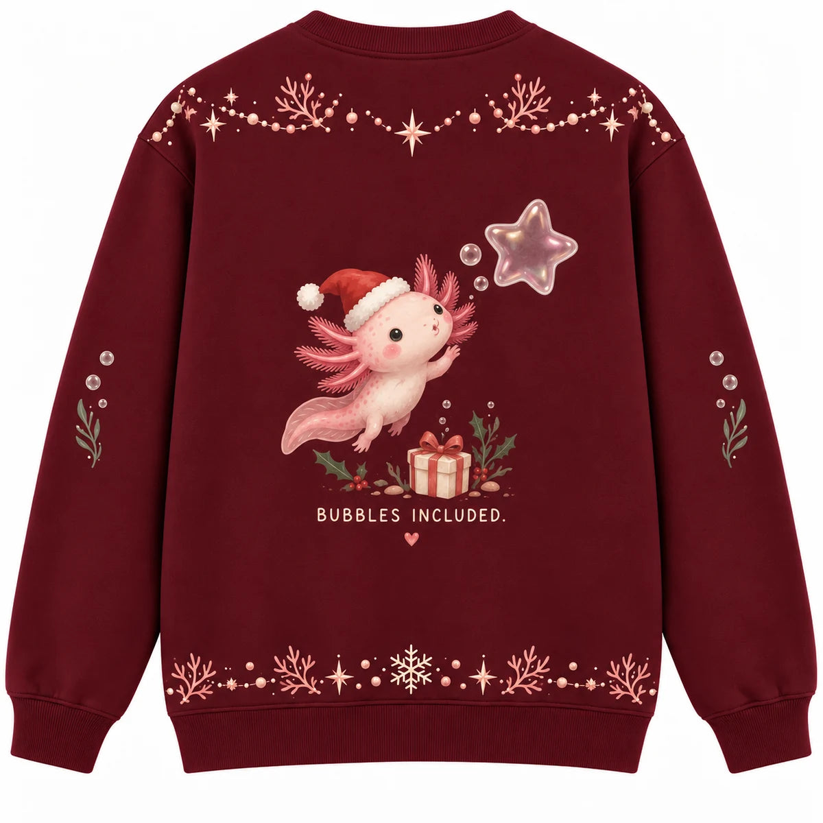 A Lotl Love Ugly Christmas Sweater - Christmas Jumper (back): axolotl blows bubble shaped like Christmas star