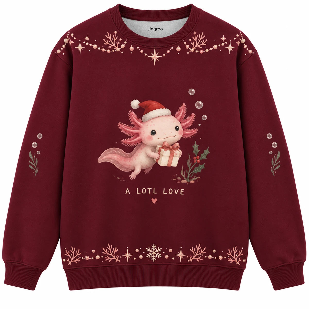 A Lotl Love Ugly Christmas Sweater - Christmas Jumper (front): axolotl holds tiny gift underwater