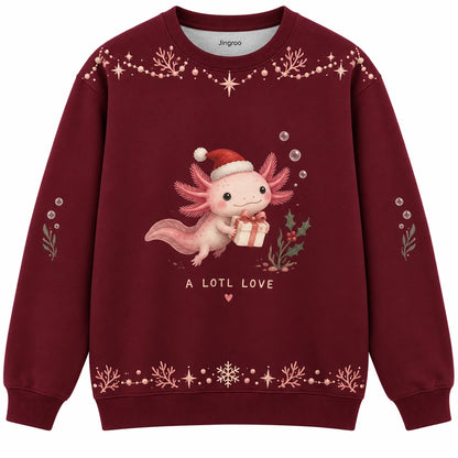 A Lotl Love Ugly Christmas Sweater - Christmas Jumper (front): axolotl holds tiny gift underwater