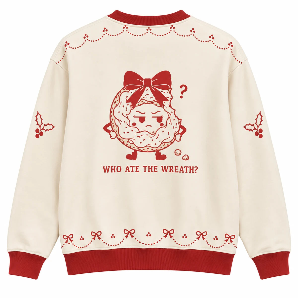 A Round of Cheer Ugly Christmas Sweater - Christmas Jumper (back): bagel notices bite missing and looks suspicious
