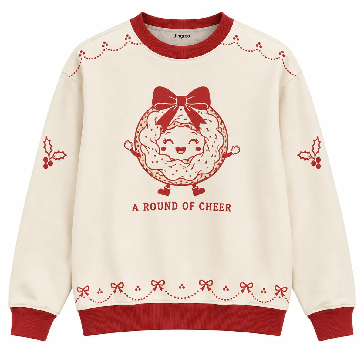 A Round of Cheer Ugly Christmas Sweater - Christmas Jumper (front): bagel dressed as Christmas wreath with cream cheese