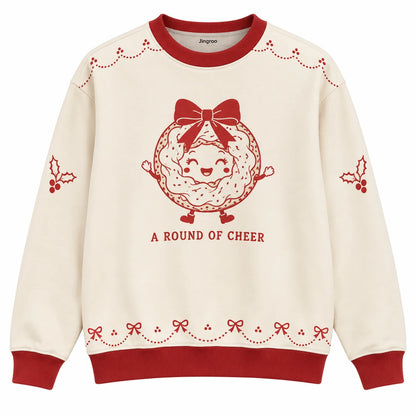 A Round of Cheer Ugly Christmas Sweater - Christmas Jumper (front): bagel dressed as Christmas wreath with cream cheese