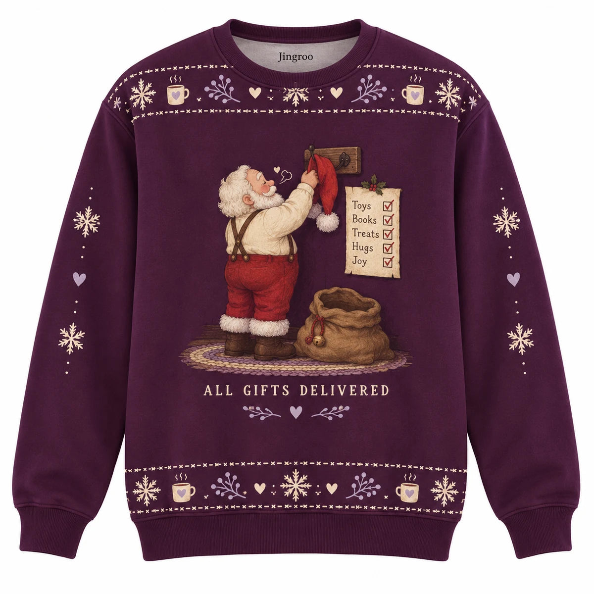 All Gifts Delivered Ugly Christmas Sweater - Christmas Jumper (front): Santa hangs work hat on hook beside completed gift checklist