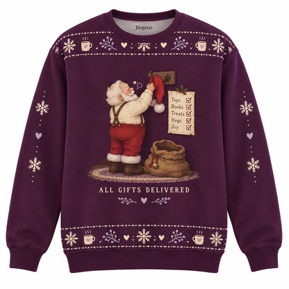 All Gifts Delivered Ugly Christmas Sweater - Christmas Jumper (front): Santa hangs work hat on hook beside completed gift checklist