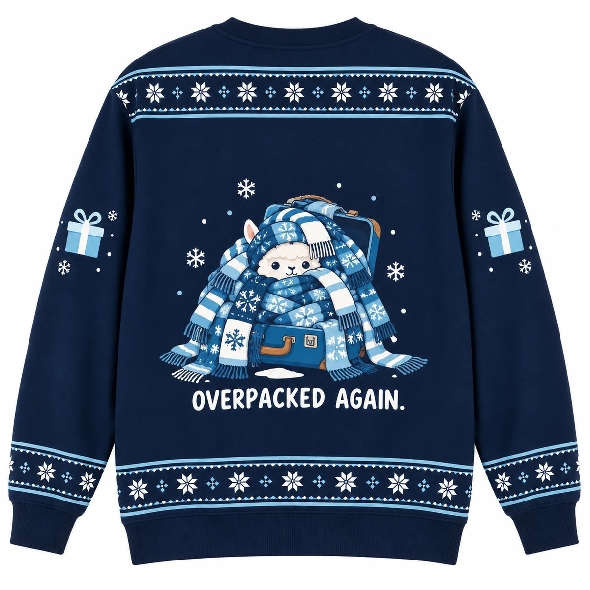 Alpaca the Presents Ugly Christmas Sweater - Christmas Jumper (back): alpaca is buried under scarves hanging from suitcase