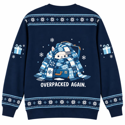 Alpaca the Presents Ugly Christmas Sweater - Christmas Jumper (back): alpaca is buried under scarves hanging from suitcase