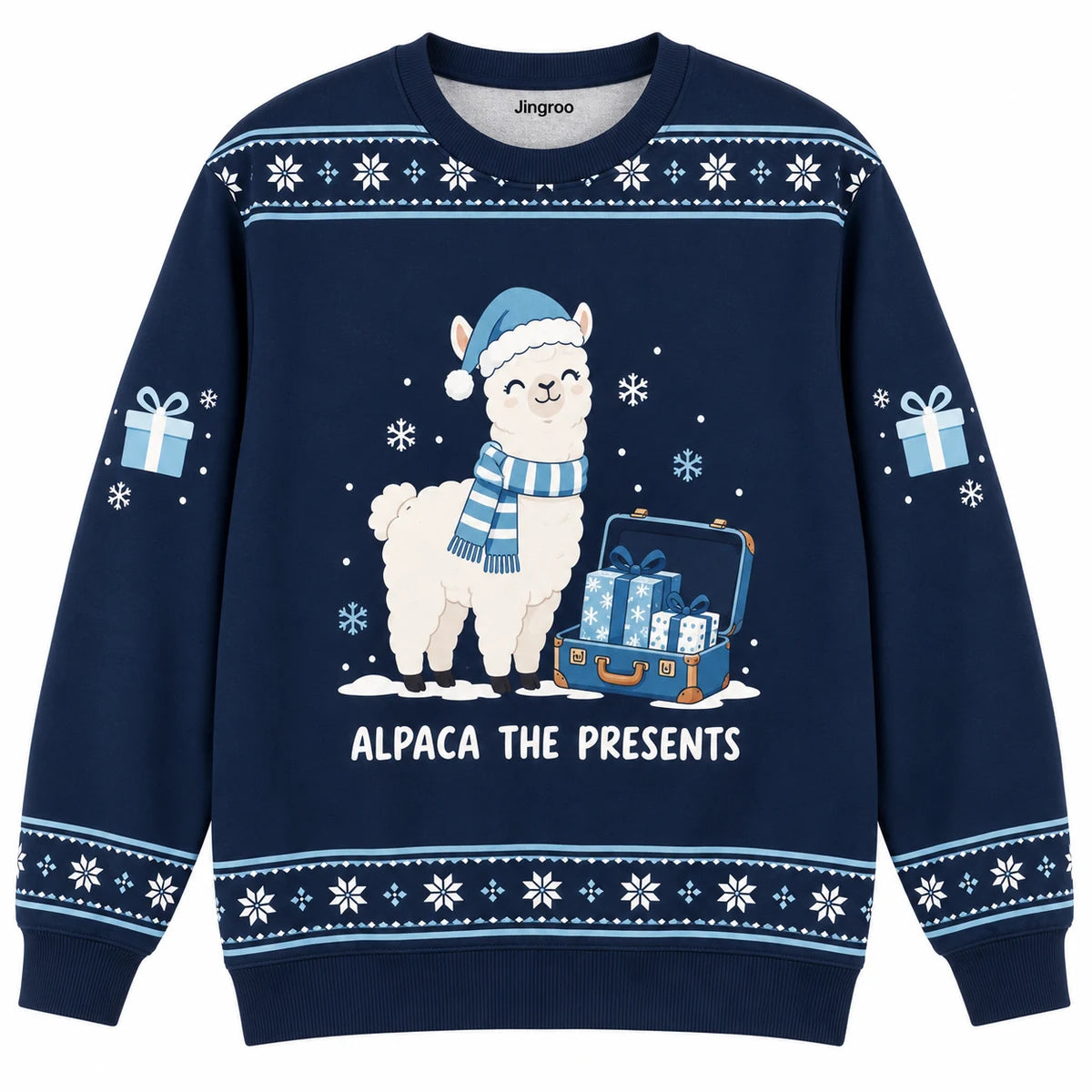 Alpaca the Presents Ugly Christmas Sweater - Christmas Jumper (front): alpaca in scarf stands by suitcase of gifts