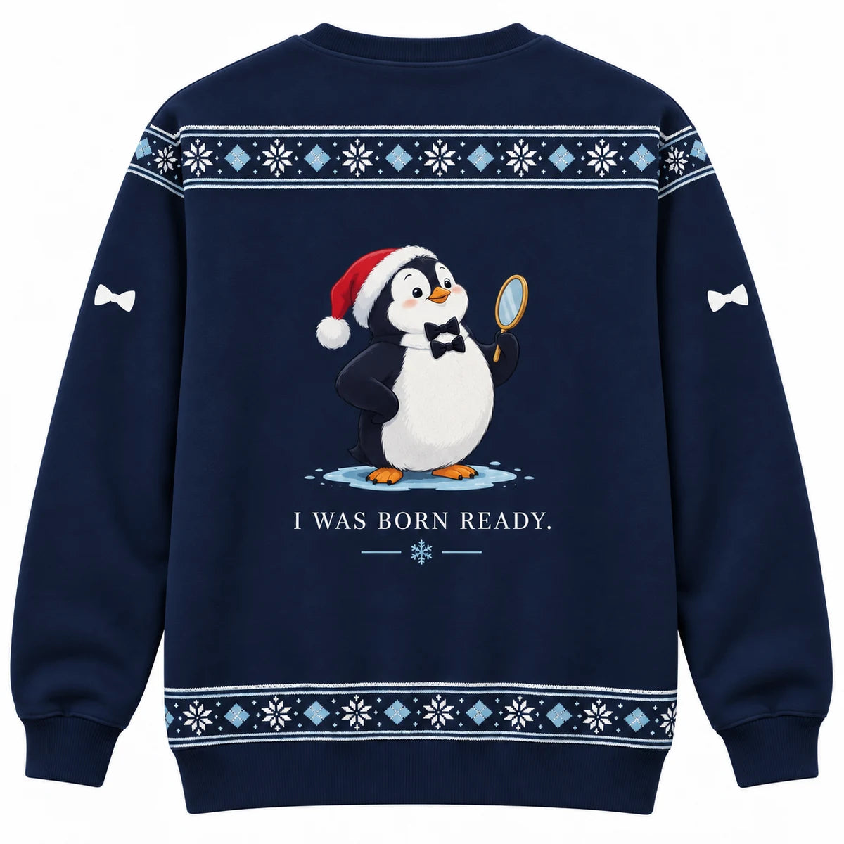 Black Tie Optional Ugly Christmas Sweater - Christmas Jumper (back): penguin wearing identical second bow tie looking proud