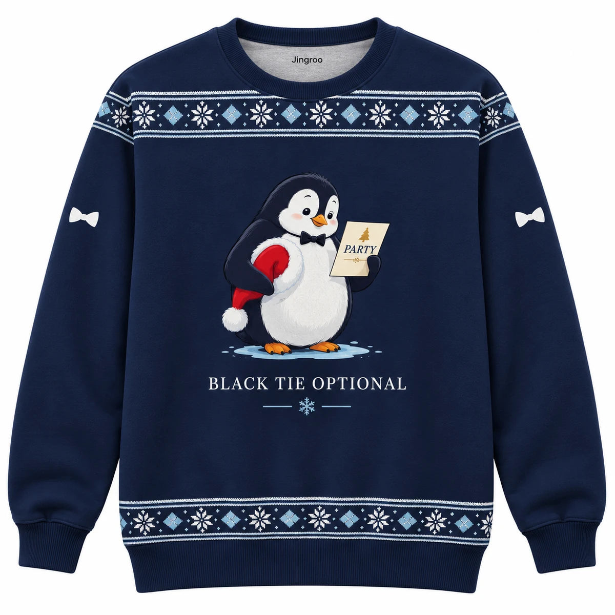 Black Tie Optional Ugly Christmas Sweater - Christmas Jumper (front): penguin in bow tie checks party invitation