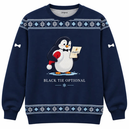 Black Tie Optional Ugly Christmas Sweater - Christmas Jumper (front): penguin in bow tie checks party invitation