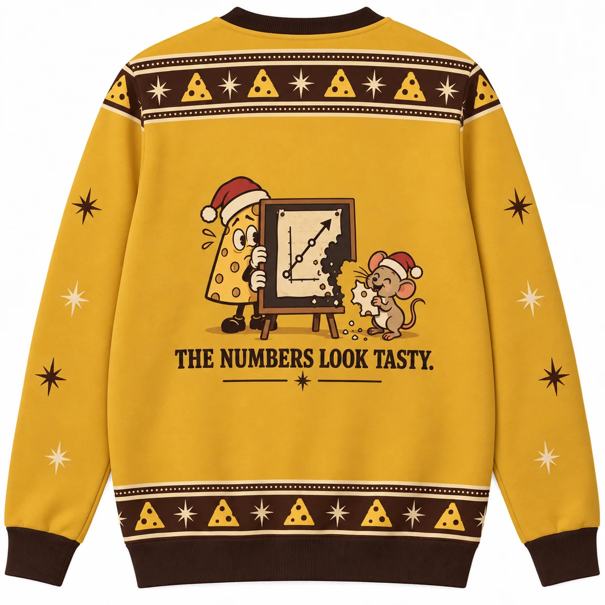 Board Meeting Ugly Christmas Sweater - Christmas Jumper (back): mouse has eaten half chart and cheese presenter hides