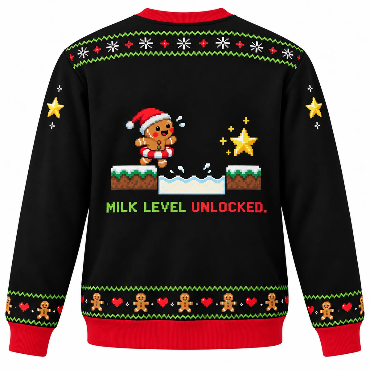 Bonus Round Ugly Christmas Sweater - Christmas Jumper (back): pixel cookie hero beside milk hazard with float ring