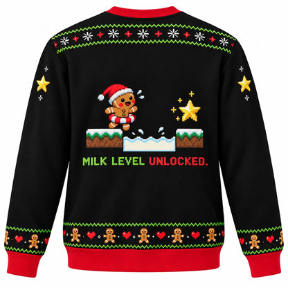 Bonus Round Ugly Christmas Sweater - Christmas Jumper (back): pixel cookie hero beside milk hazard with float ring