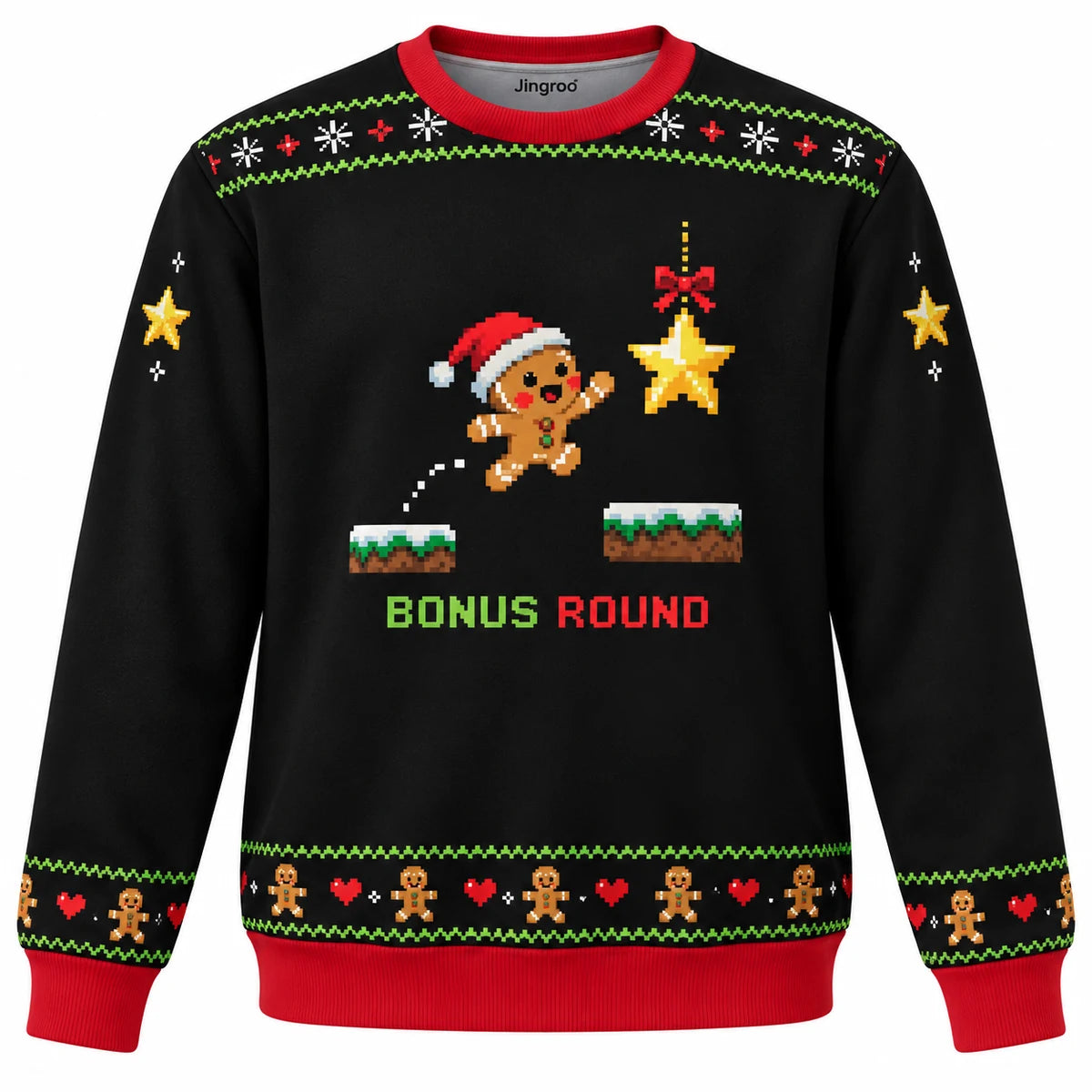 Bonus Round Ugly Christmas Sweater - Christmas Jumper (front): pixel cookie hero jumps toward star ornament