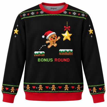 Bonus Round Ugly Christmas Sweater - Christmas Jumper (front): pixel cookie hero jumps toward star ornament