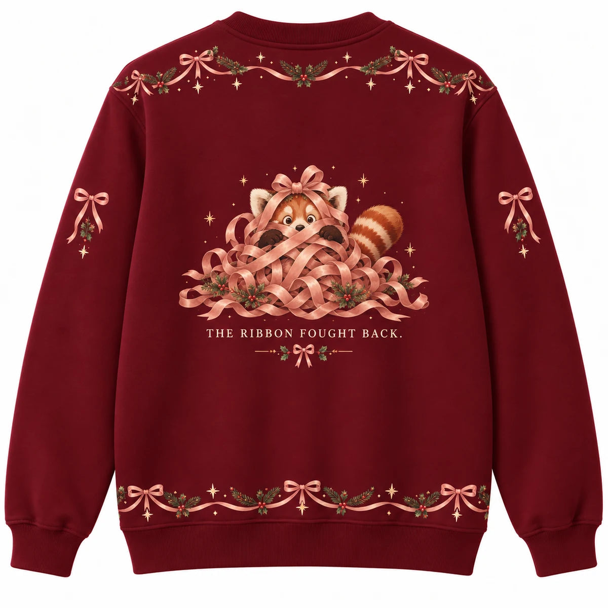 Bow Down to Christmas Ugly Christmas Sweater - Christmas Jumper (back): red panda buried in loose ribbon with only eyes showing