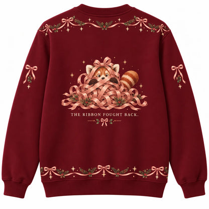 Bow Down to Christmas Ugly Christmas Sweater - Christmas Jumper (back): red panda buried in loose ribbon with only eyes showing