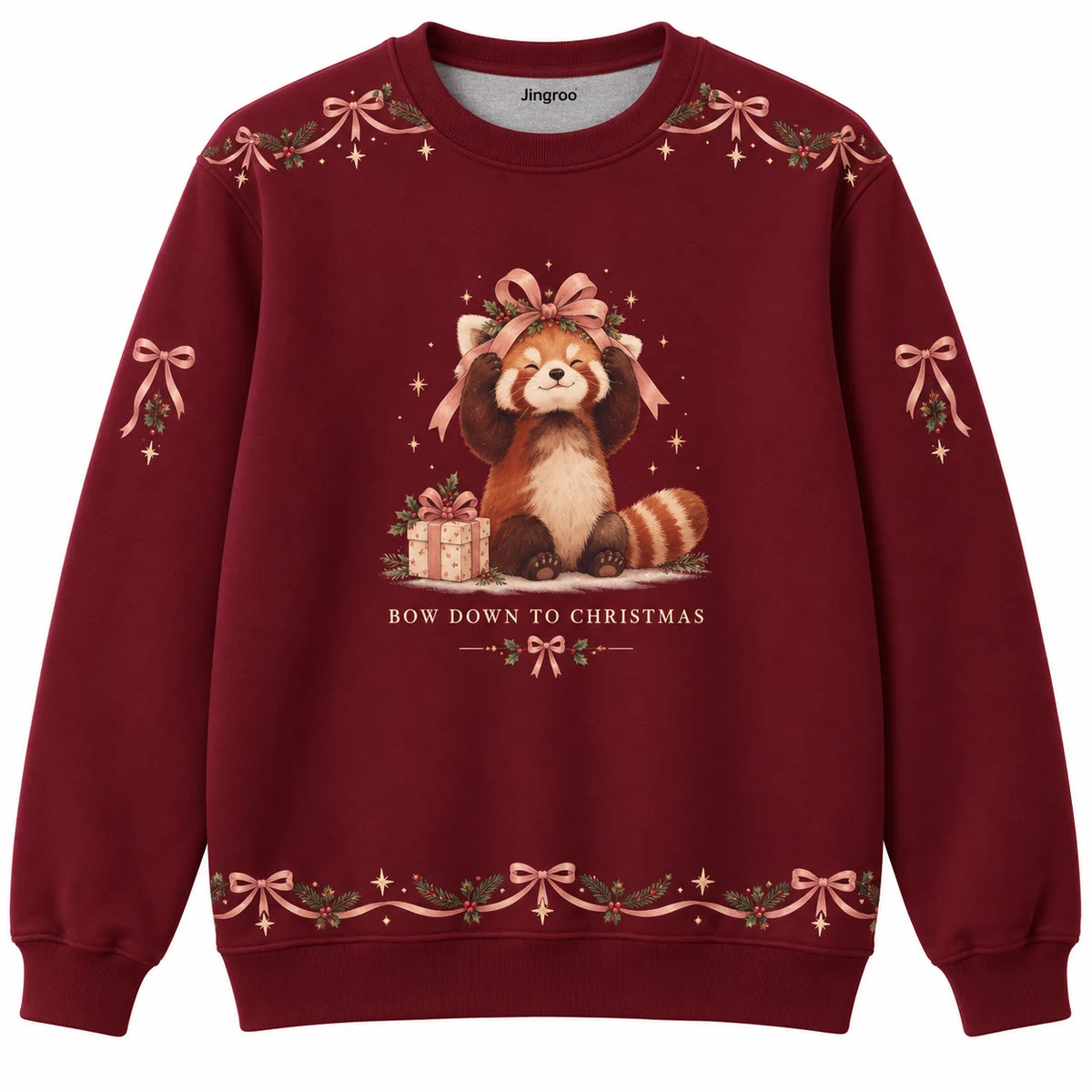 Bow Down to Christmas Ugly Christmas Sweater - Christmas Jumper (front): red panda fashions ribbon crown