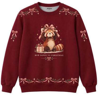 Bow Down to Christmas Ugly Christmas Sweater - Christmas Jumper (front): red panda fashions ribbon crown