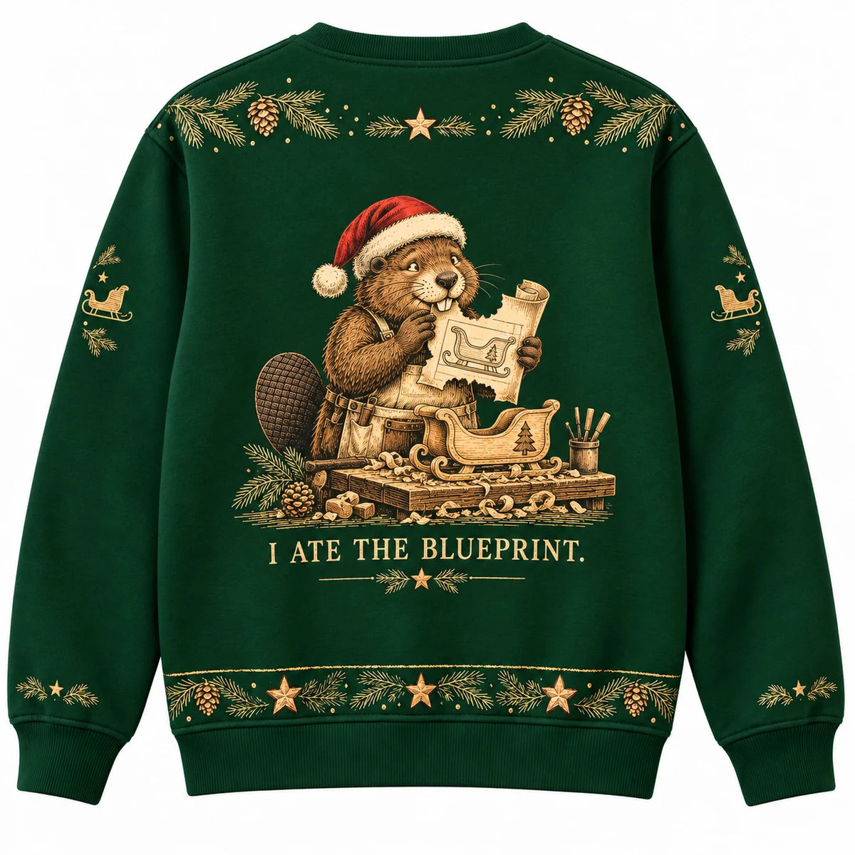 Built With Cheer Ugly Christmas Sweater - Christmas Jumper (back): beaver has chewed wooden instructions instead