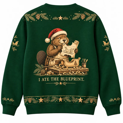 Built With Cheer Ugly Christmas Sweater - Christmas Jumper (back): beaver has chewed wooden instructions instead