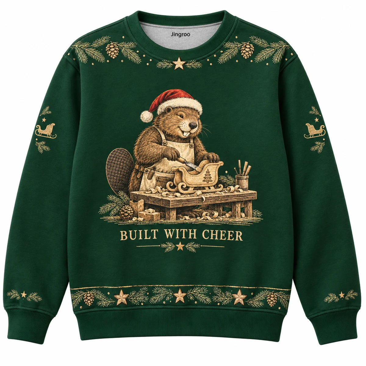 Built With Cheer Ugly Christmas Sweater - Christmas Jumper (front): beaver carpenter carves wooden toy sleigh