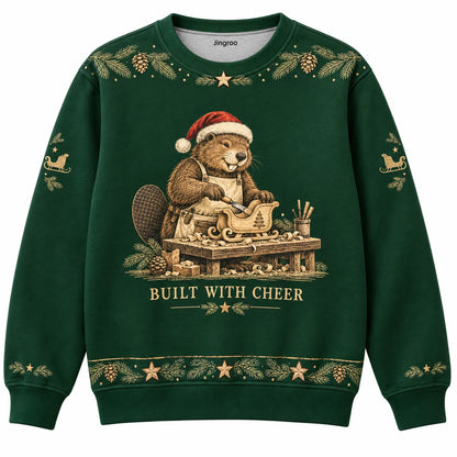 Built With Cheer Ugly Christmas Sweater - Christmas Jumper (front): beaver carpenter carves wooden toy sleigh