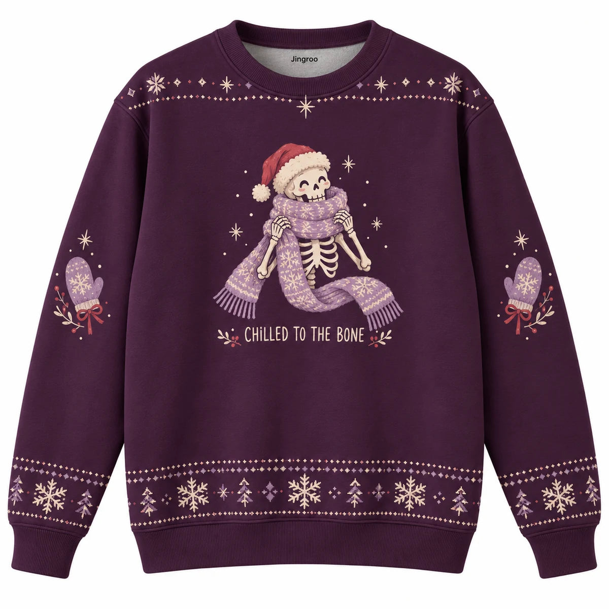 Chilled to the Bone Ugly Christmas Sweater - Christmas Jumper (front): friendly skeleton winds huge scarf around neck