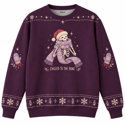 Chilled to the Bone Ugly Christmas Sweater - Christmas Jumper (front): friendly skeleton winds huge scarf around neck