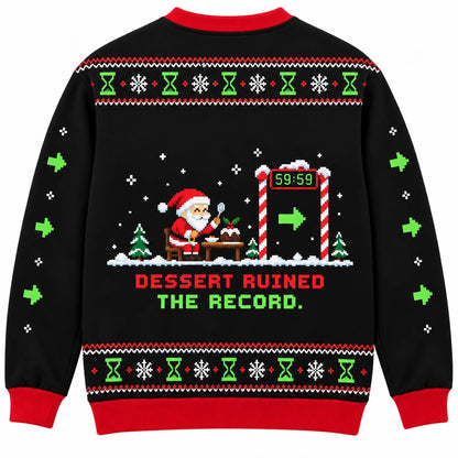 Christmas Speedrun Ugly Christmas Sweater - Christmas Jumper (back): Santa stops dead to eat pudding timer still running