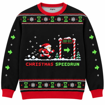 Christmas Speedrun Ugly Christmas Sweater - Christmas Jumper (front): pixel Santa dashes through festive timer checkpoint