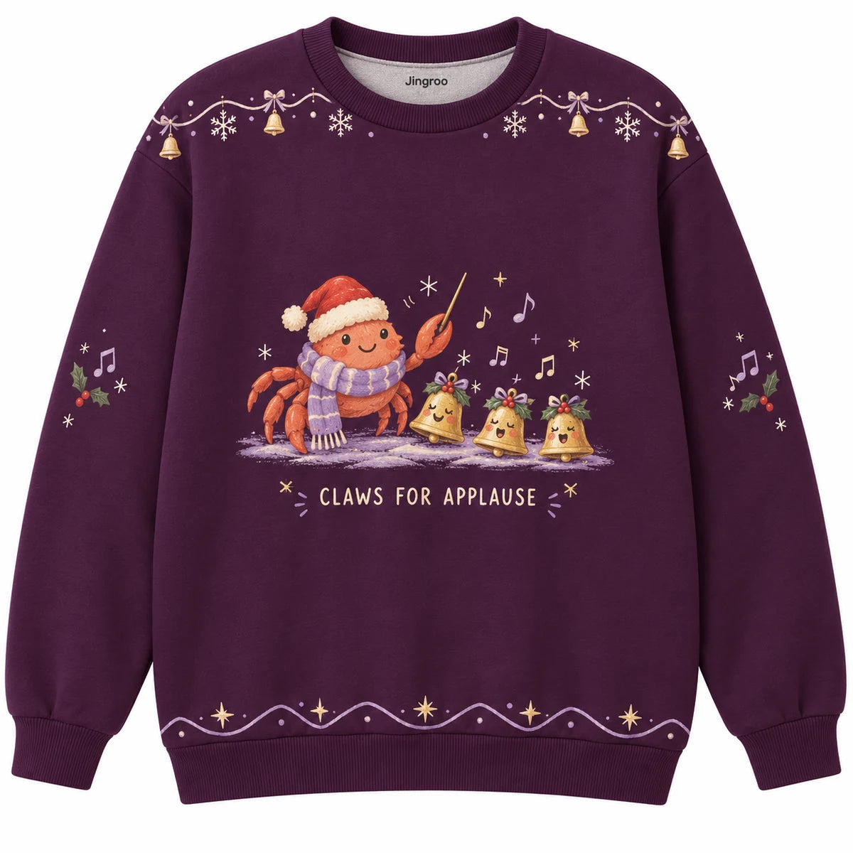 Claws for Applause Ugly Christmas Sweater - Christmas Jumper (front): crab in scarf conducts little bell choir