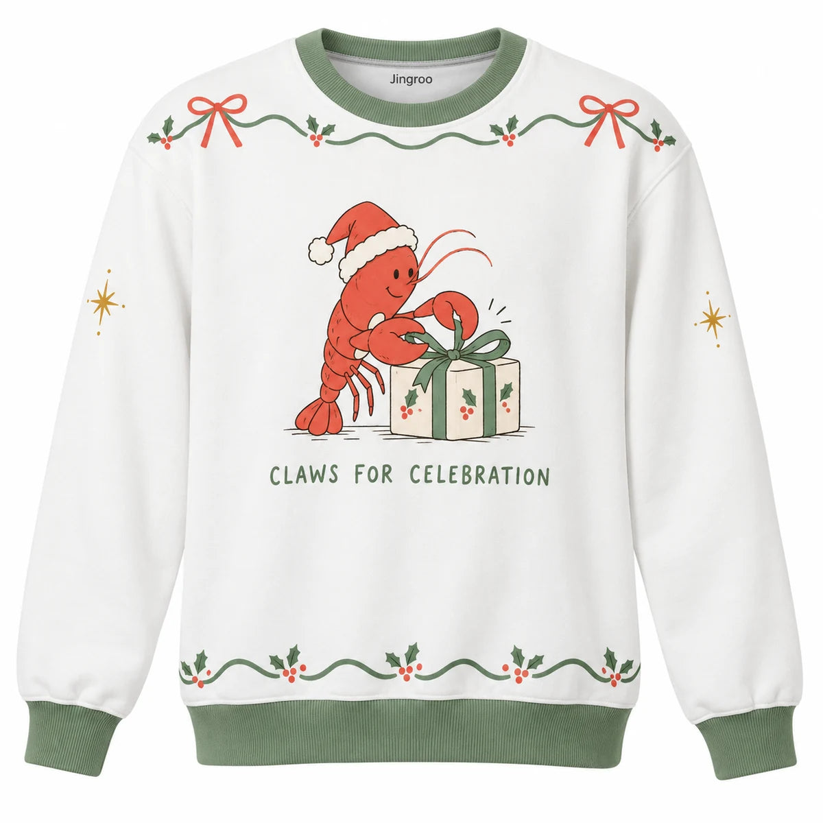 Claws for Celebration Ugly Christmas Sweater - Christmas Jumper (front): lobster Santa deftly ties a present bow