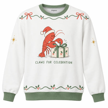 Claws for Celebration Ugly Christmas Sweater - Christmas Jumper (front): lobster Santa deftly ties a present bow