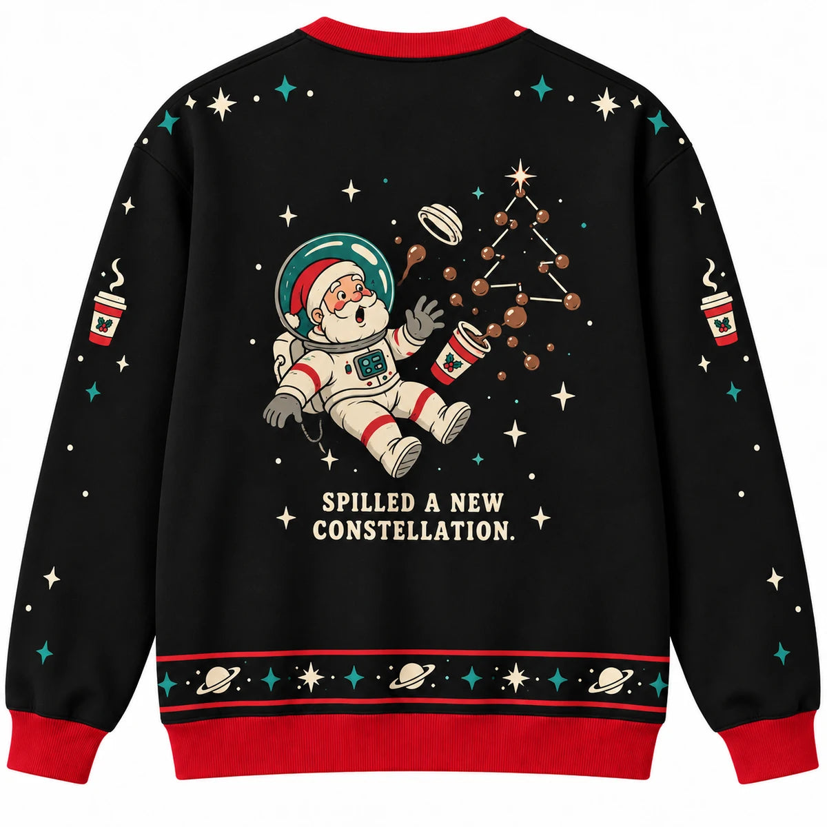 Cosmic Cocoa Ugly Christmas Sweater - Christmas Jumper (back): cocoa droplets form tiny constellation