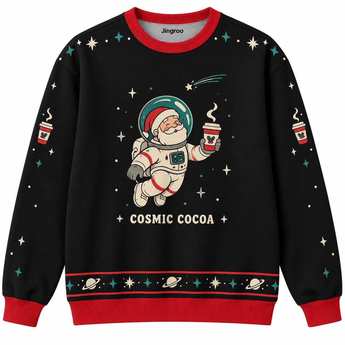 Cosmic Cocoa Ugly Christmas Sweater - Christmas Jumper (front): astronaut Santa carries takeaway cocoa floating in space