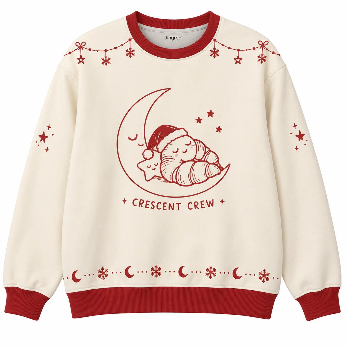 Crescent Crew Ugly Christmas Sweater - Christmas Jumper (front): sleepy croissant reclines on crescent moon