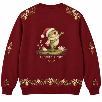 Croak the Halls Ugly Christmas Sweater - Christmas Jumper (back): frog takes bow beside tiny croaking megaphone