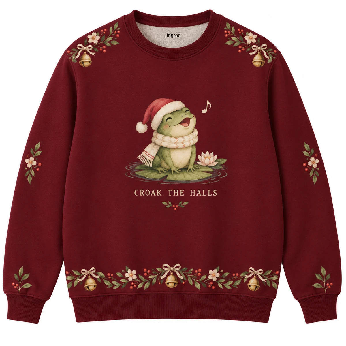 Croak the Halls Ugly Christmas Sweater - Christmas Jumper (front): frog in scarf sings on lily pad wearing Santa cap