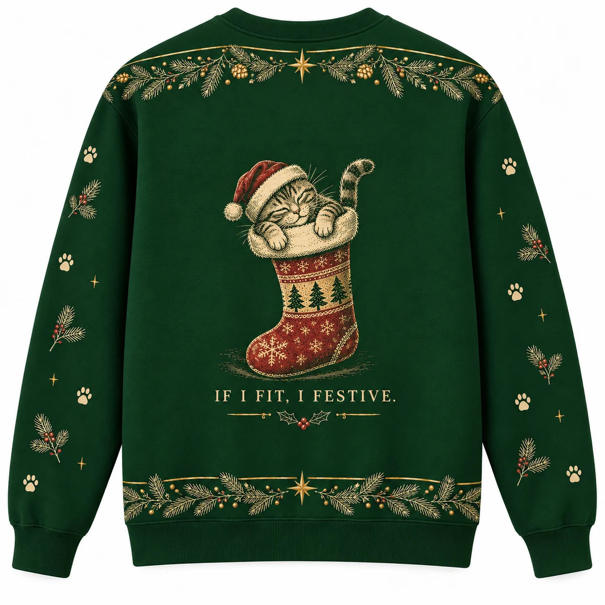 Custom Fit Ugly Christmas Sweater - Christmas Jumper (back): cat sleeps in stocking with paws hanging out