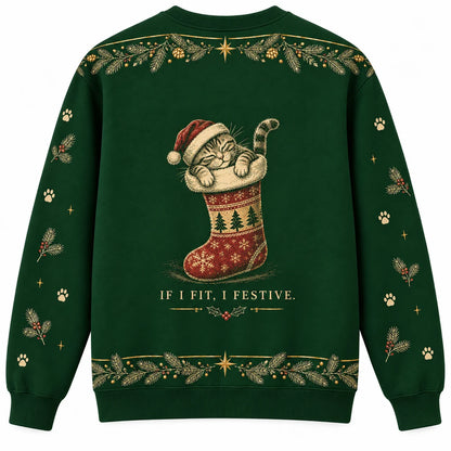 Custom Fit Ugly Christmas Sweater - Christmas Jumper (back): cat sleeps in stocking with paws hanging out