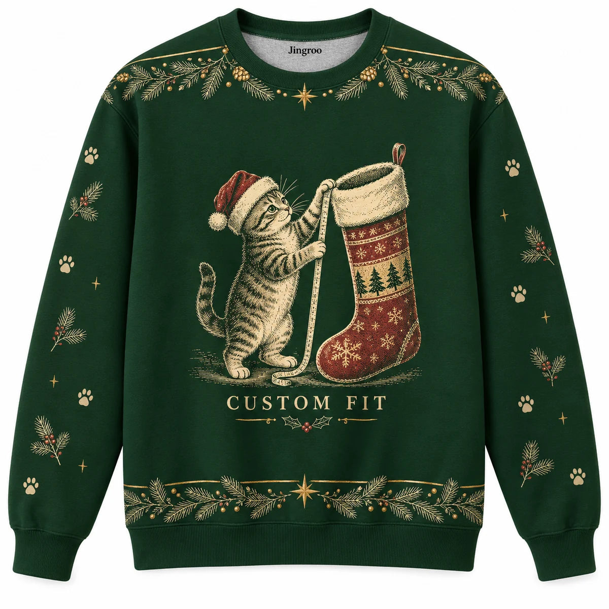 Custom Fit Ugly Christmas Sweater - Christmas Jumper (front): cat measures oversized Christmas stocking