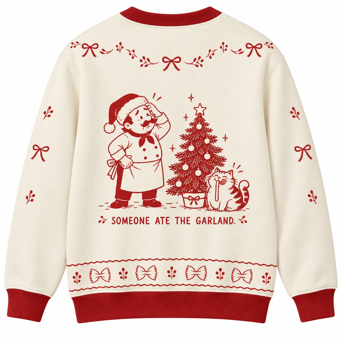 Deck the Halls Ugly Christmas Sweater - Christmas Jumper (back): chef discovers empty tree and satisfied cat