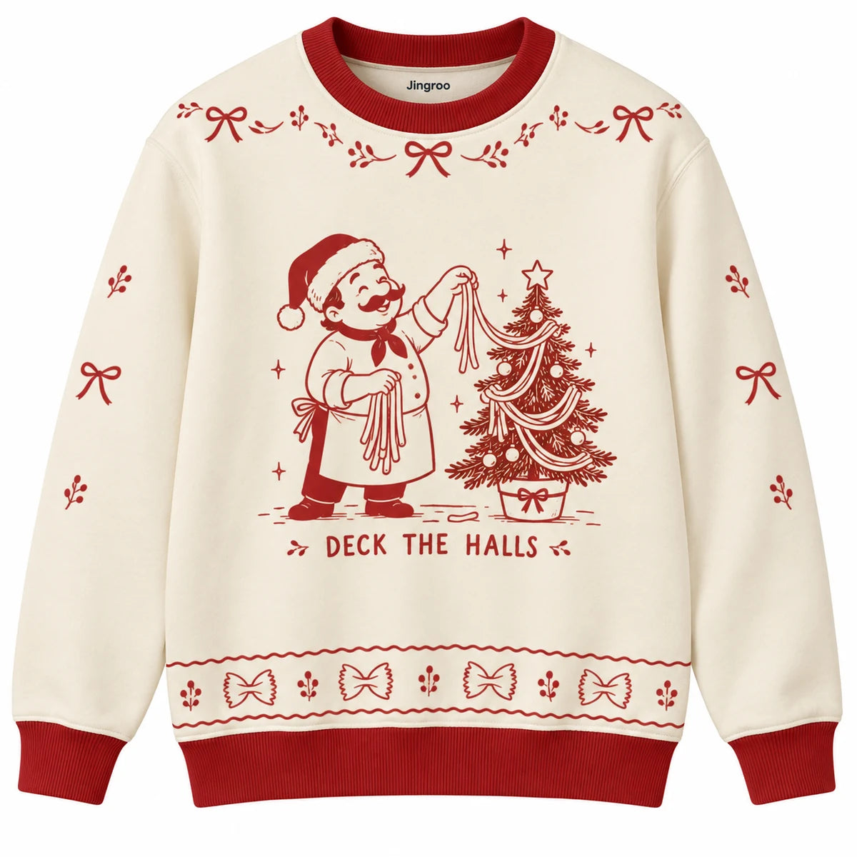 Deck the Halls Ugly Christmas Sweater - Christmas Jumper (front): happy spaghetti chef hangs pasta as tree garland