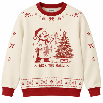 Deck the Halls Ugly Christmas Sweater - Christmas Jumper (front): happy spaghetti chef hangs pasta as tree garland