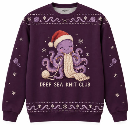 Deep Sea Knit Club Ugly Christmas Sweater - Christmas Jumper (front): friendly kraken knits huge scarf with tentacles