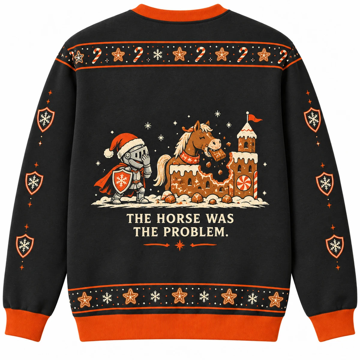 Defend the Dessert Ugly Christmas Sweater - Christmas Jumper (back): knight discovers castle wall eaten by horse