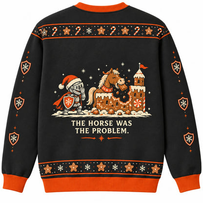Defend the Dessert Ugly Christmas Sweater - Christmas Jumper (back): knight discovers castle wall eaten by horse