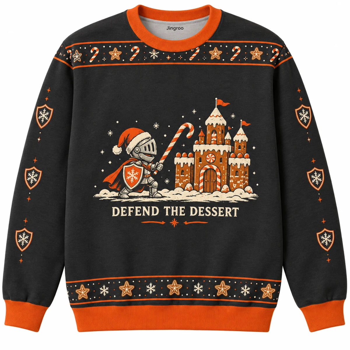 Defend the Dessert Ugly Christmas Sweater - Christmas Jumper (front): tiny knight defends gingerbread castle with candy cane