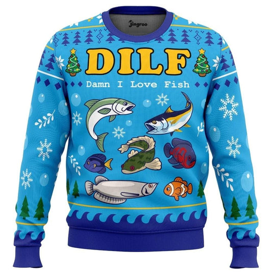 DILF: Damn I Love Fish Ugly Christmas Sweater - Christmas Jumper (front)